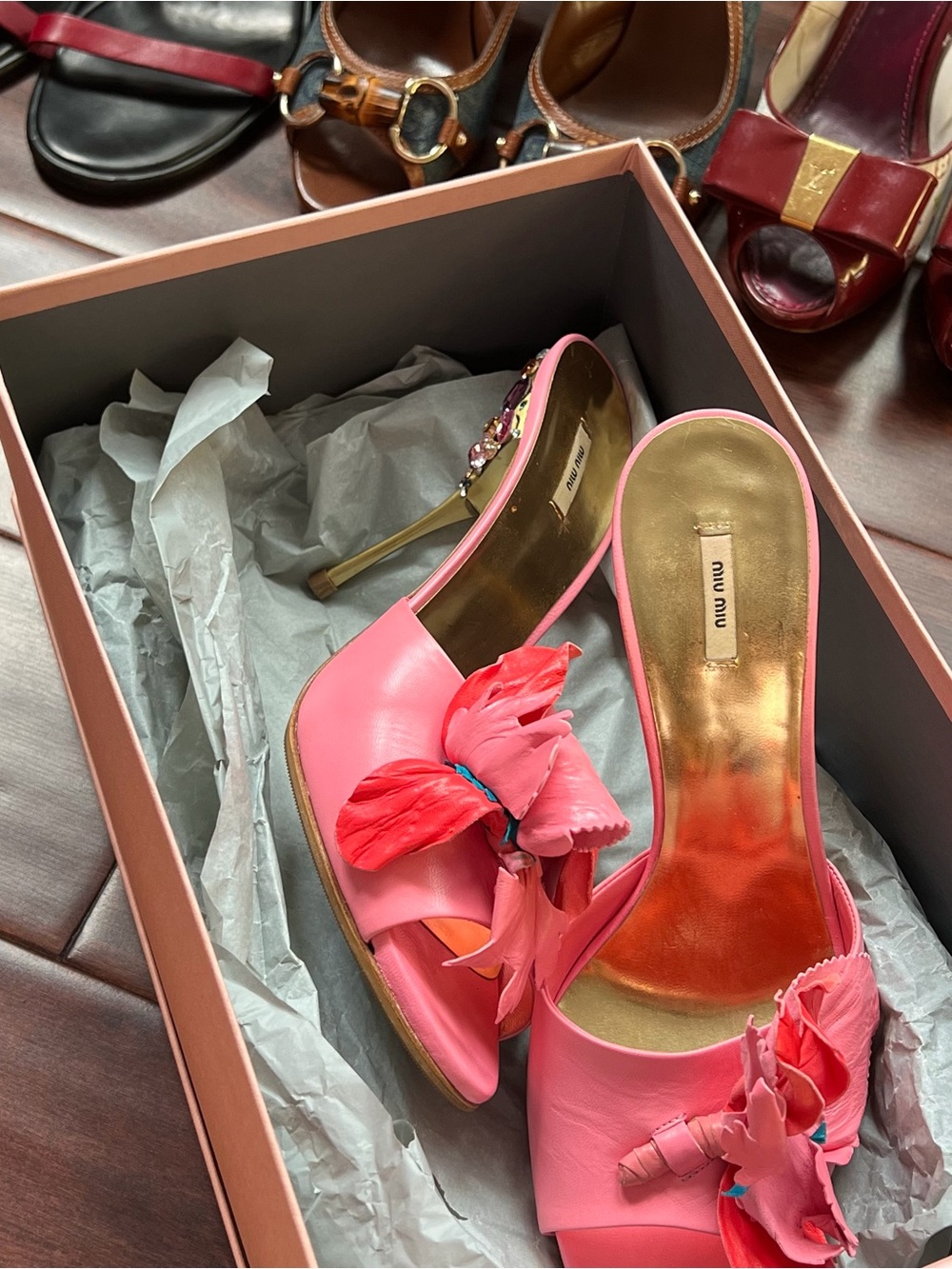 Miu Miu Pink Floral Jewel-Embellished Sandal Heels - Picture 8 of 8